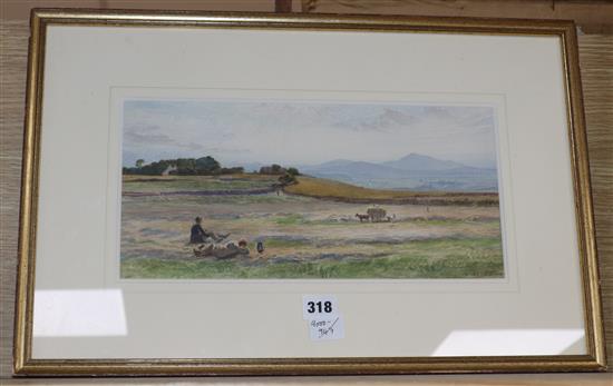 Charles Reginald Aston (1832-1908), watercolour, Harvesters resting in a landscape, signed, 17 x 35cm
